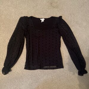 Women's Black Sheer Dot Mesh Long Sleeve Top